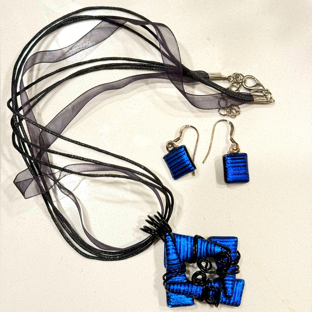 Blue and Black Glass Pendant Necklace and Earring Set